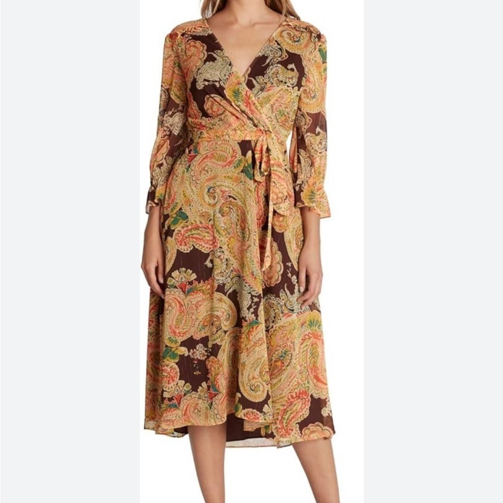 Tahari Paisley Faux Wrap Midi Dress Brown‎ Orange Metallic Boho Size 14 pb1